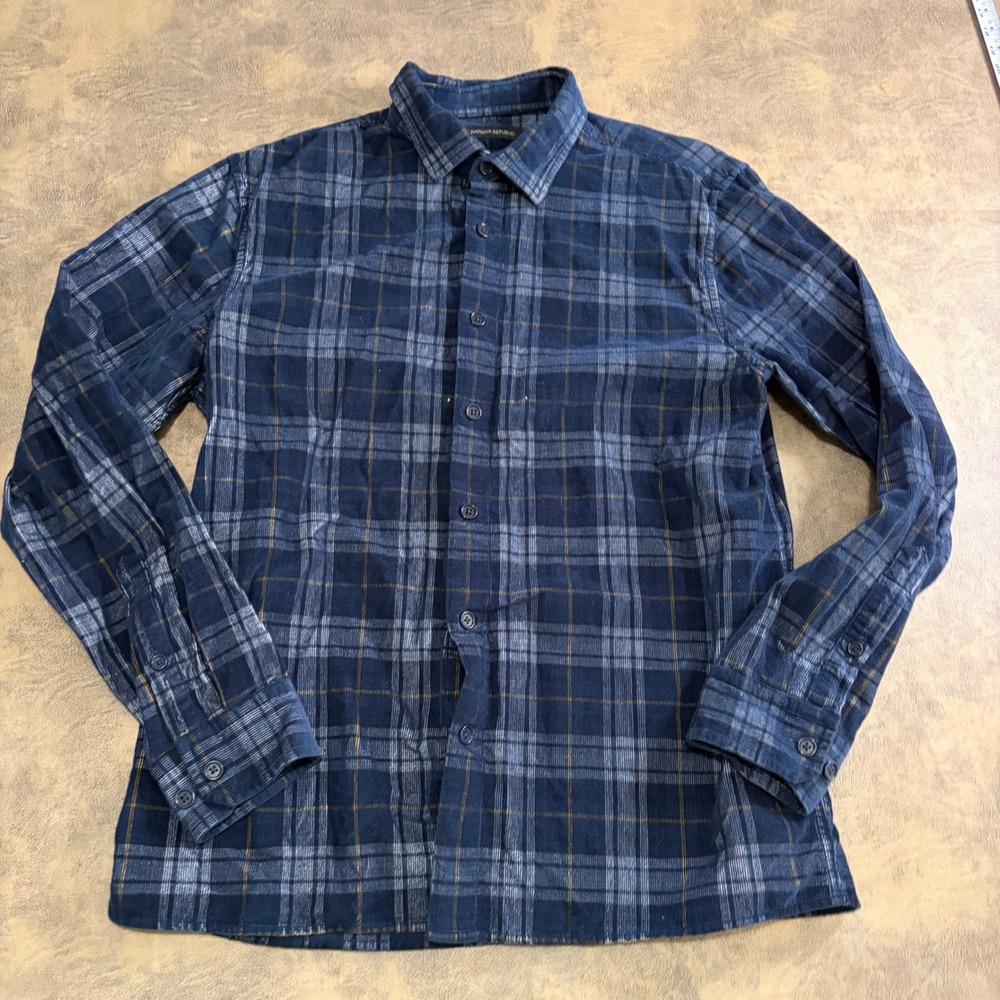 Banana Republic Corduroy Shirt Mens Large Blue Plaid Untucked Slim Fit LS